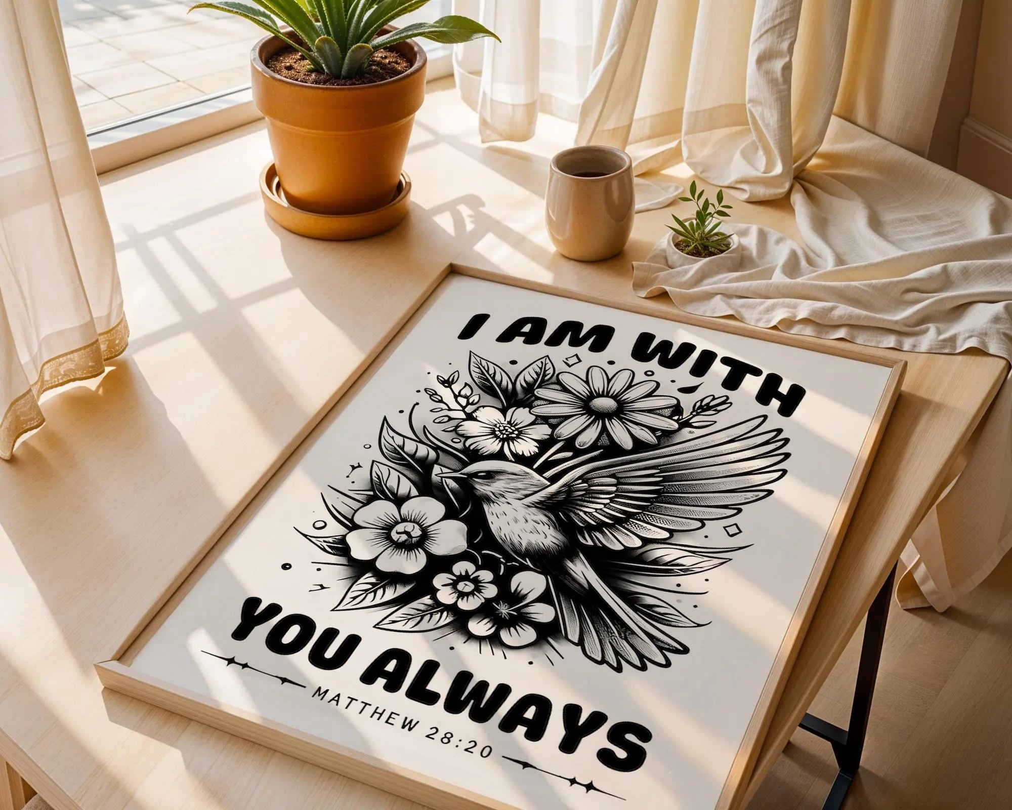 Matthew 28:20 Scripture Print | Bird and Flowers Christian Wall Art wall art print, modern home decor, unframed artwork by Nomad & Nest