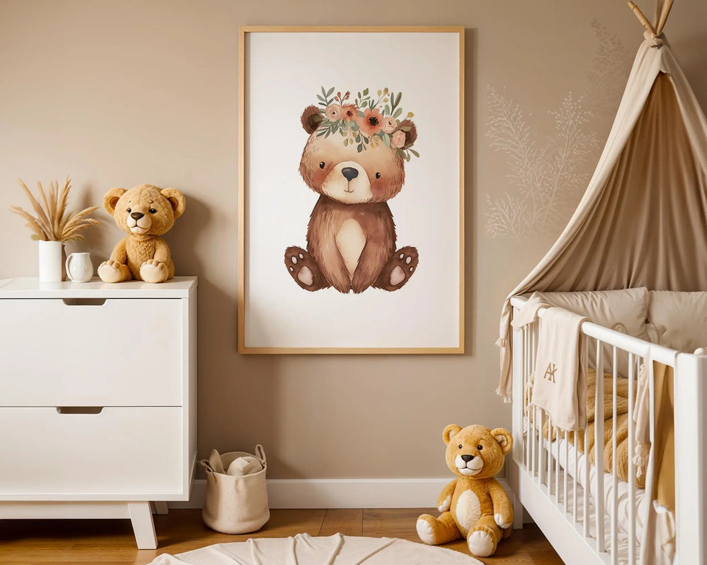 Playroom Ideas | Boho Bear Nursery Wall Art | Flower Crown Animal Baby Decor wall art print, modern home decor, unframed artwork by Nomad & Nest