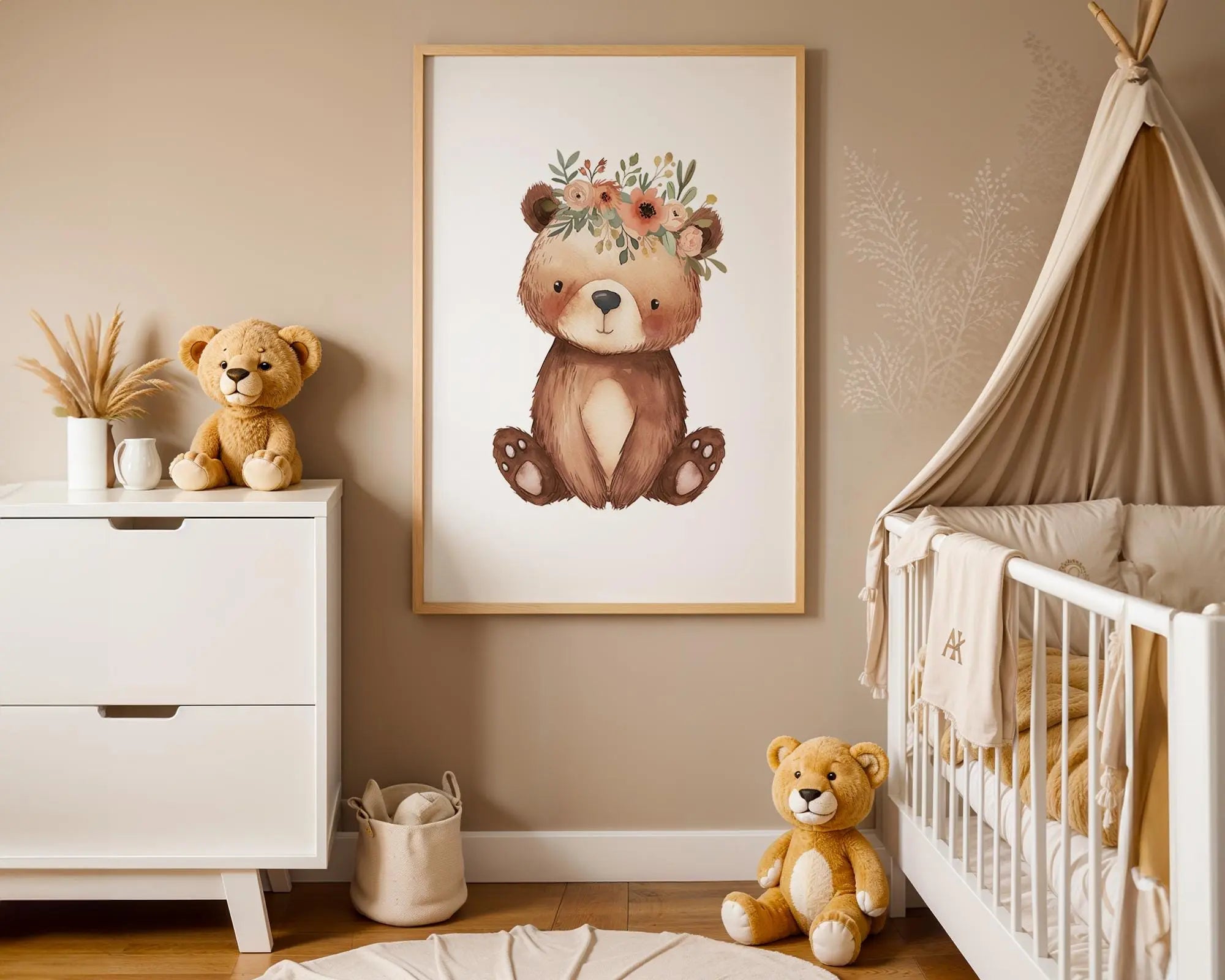 Playroom Ideas | Boho Bear Nursery Wall Art | Flower Crown Animal Baby Decor wall art print, modern home decor, unframed artwork by Nomad & Nest