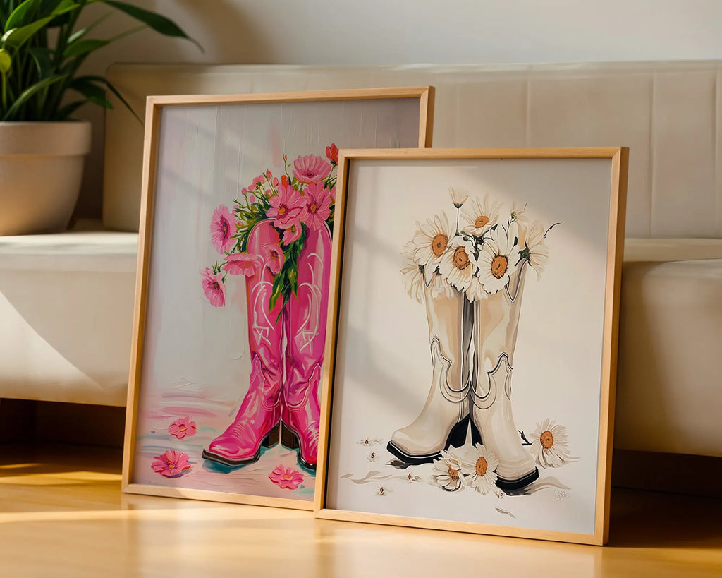 Colourful Prints | Cowgirl Boots Floral Art Prints | Western Home Decor (Set of 2) wall art print, modern home decor, unframed artwork by Nomad & Nest