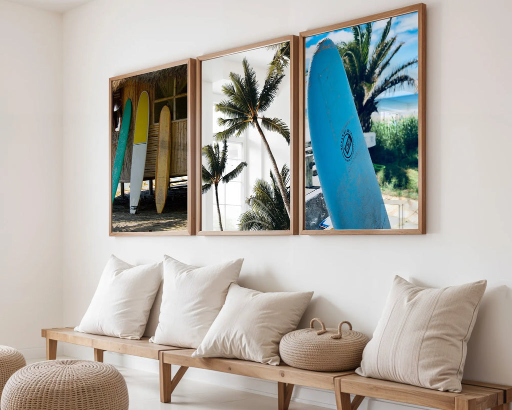 Colourful Prints | Tropical Surfboard & Palm Tree Print Set, Coastal Photography Wall Art (Set of 3) wall art print, modern home decor, unframed artwork by Nomad & Nest