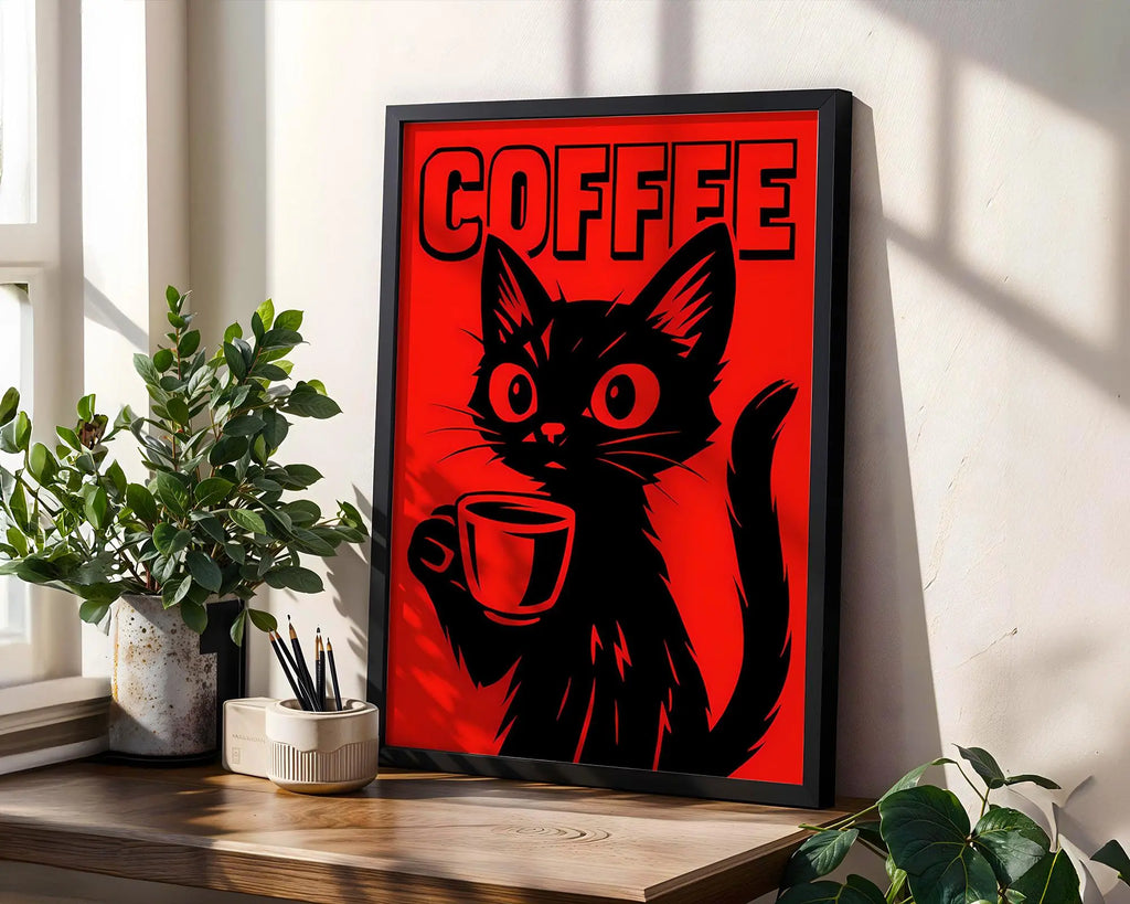 Positive Emotion | Coffee Cat Art Print | Bold Retro Graphic Poster wall art print, modern home decor, unframed artwork by Nomad & Nest