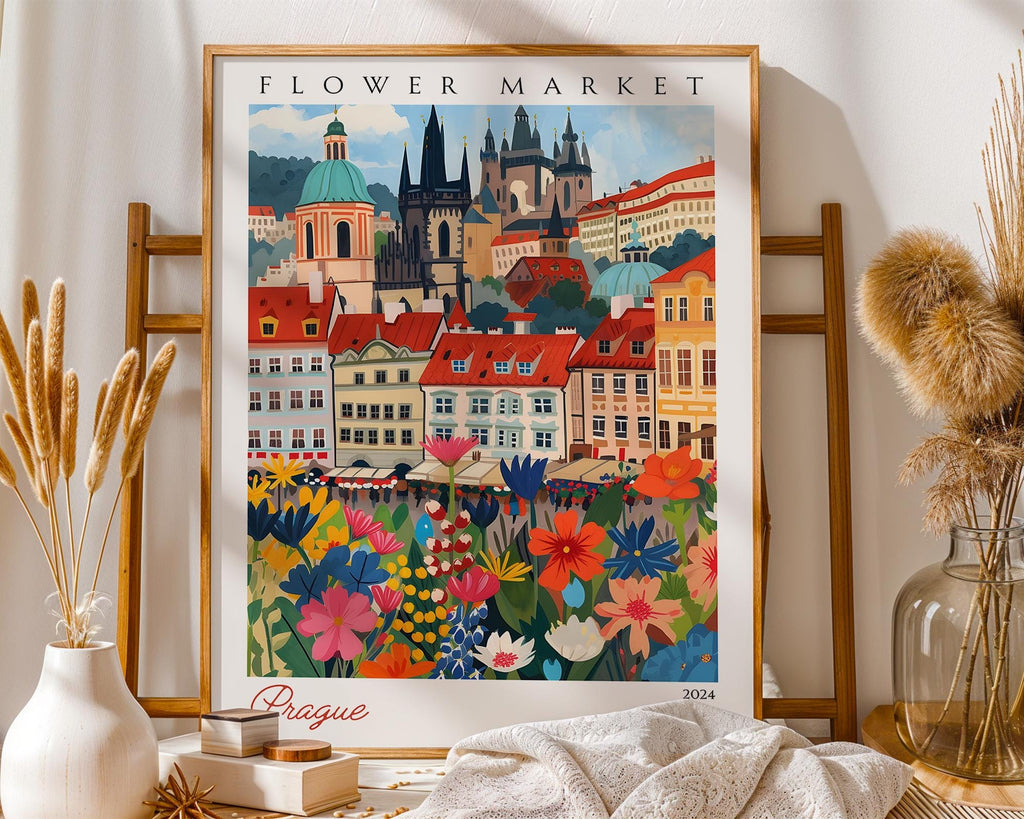 Prague Flower Market Print | Vintage Czech Travel Poster wall art print, modern home decor, unframed artwork by Nomad & Nest