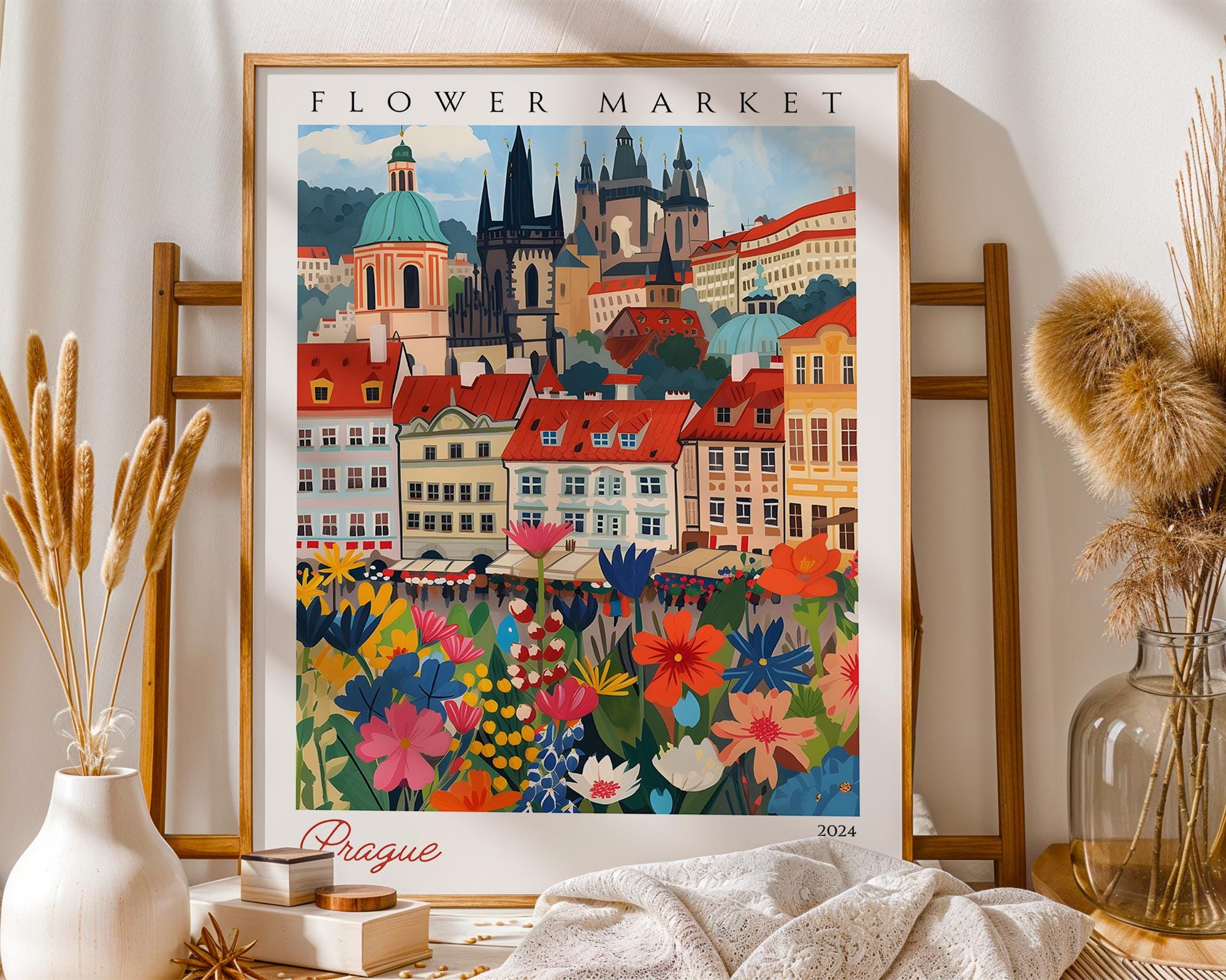 Prague Flower Market Print | Vintage Czech Travel Poster wall art print, modern home decor, unframed artwork by Nomad & Nest