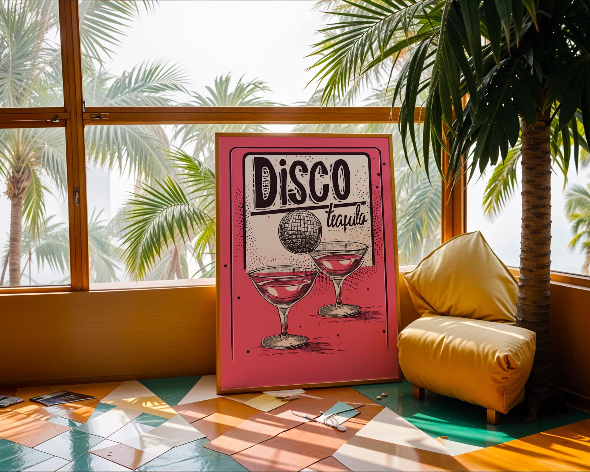 Colourful Prints | Disco Tequila Cocktail Print | Retro Pink Bar Decor wall art print, modern home decor, unframed artwork by Nomad & Nest