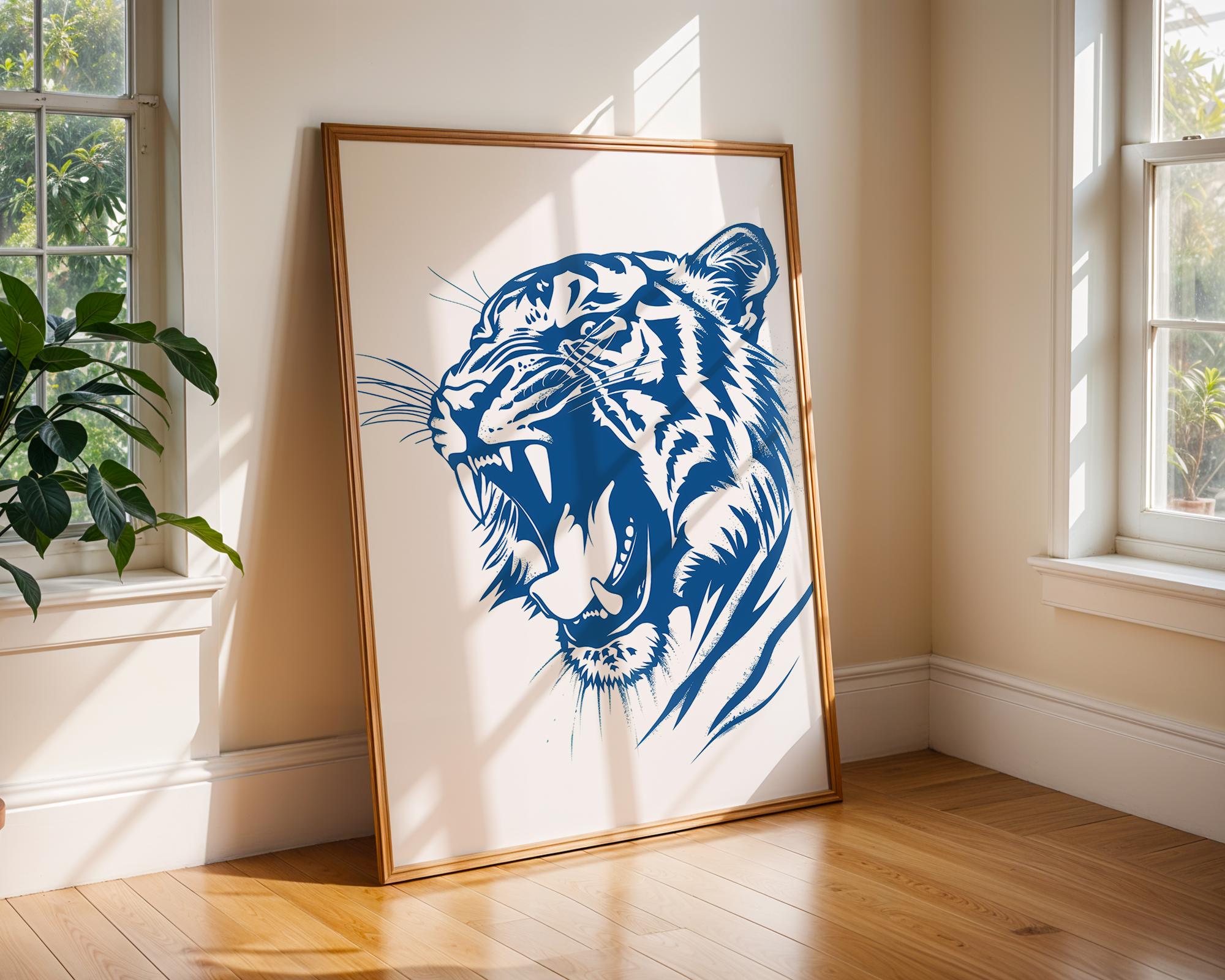 Deep Blue Roaring Tiger Print, Bold Animal Poster wall art print, modern home decor, unframed artwork by Nomad & Nest