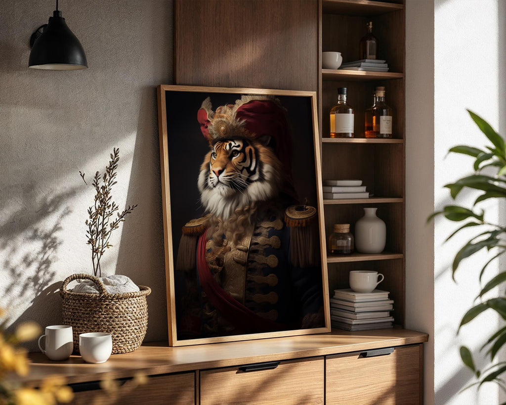 Regal Tiger Portrait – Golden Embroidered Coat, Animal Wall Art wall art print, modern home decor, unframed artwork by Nomad & Nest