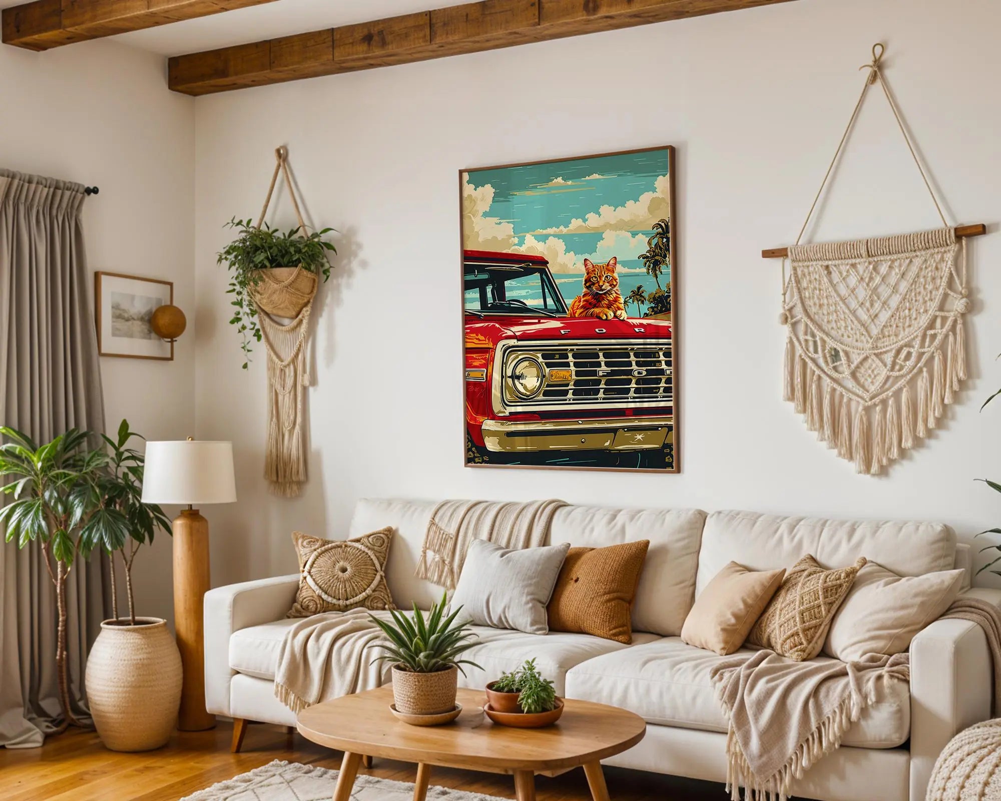 Modern Pop Art | Retro Cat  Print | Classic Red Ford Truck, Coastal  Decor wall art print, modern home decor, unframed artwork by Nomad & Nest