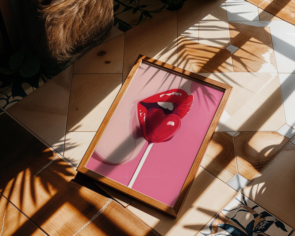 Modern Pop Art | Sexy Lips with Heart Lollipop Print | Bold Red and Pink Decor wall art print, modern home decor, unframed artwork by Nomad & Nest