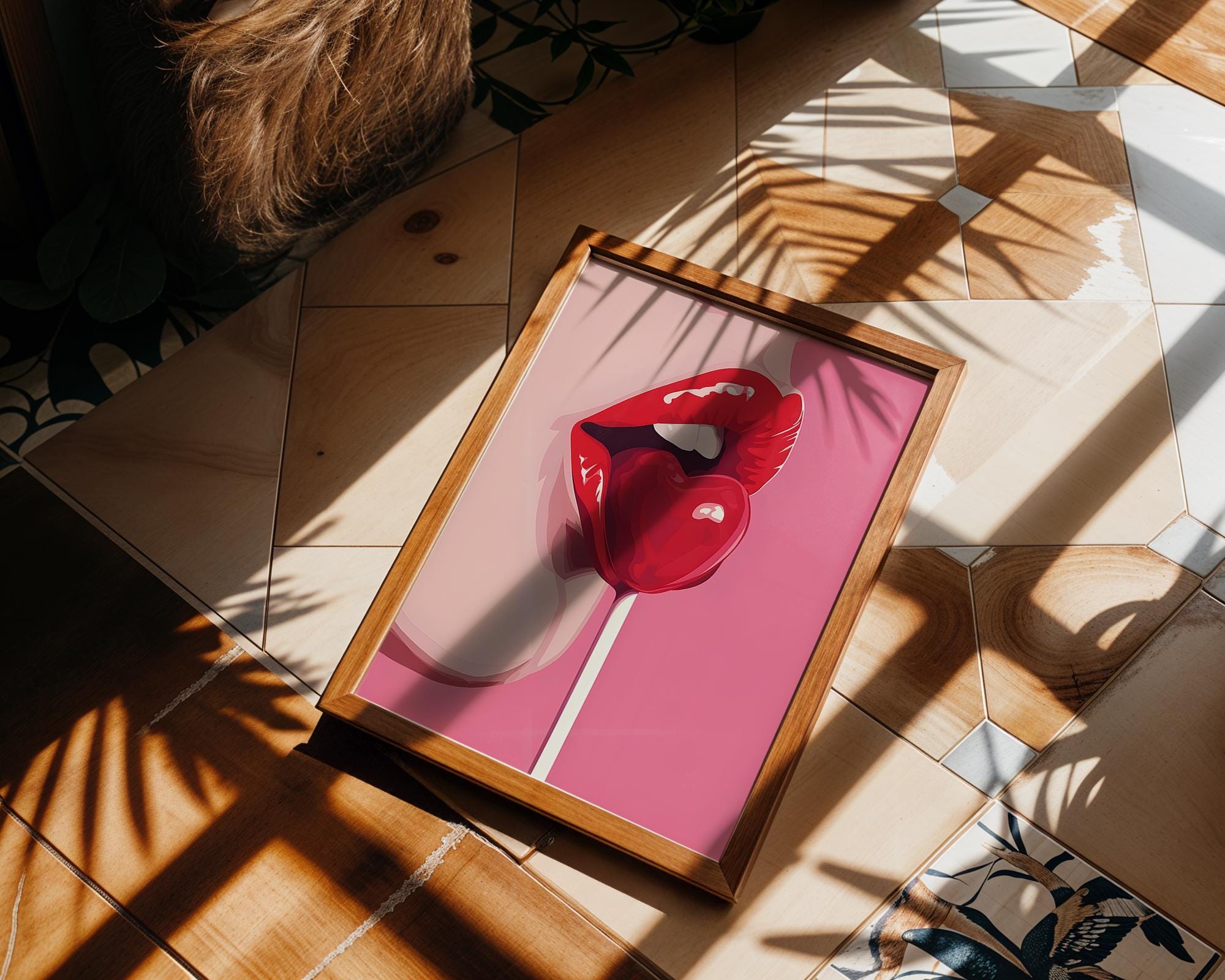 Modern Pop Art | Sexy Lips with Heart Lollipop Print | Bold Red and Pink Decor wall art print, modern home decor, unframed artwork by Nomad & Nest