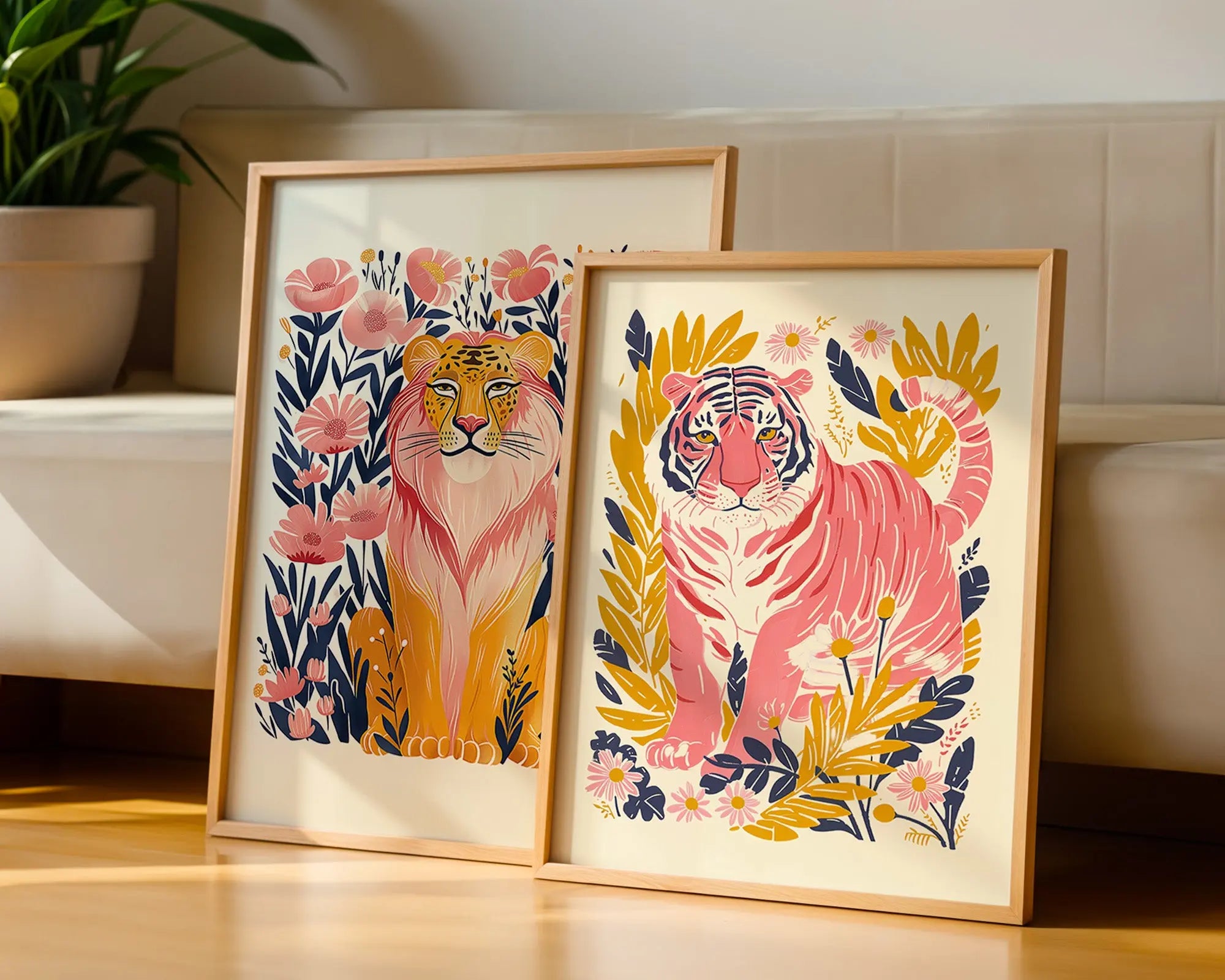 Colourful Prints | Jungle Tiger Print | Tropical Wall Art Duo (Set of 2) wall art print, modern home decor, unframed artwork by Nomad & Nest