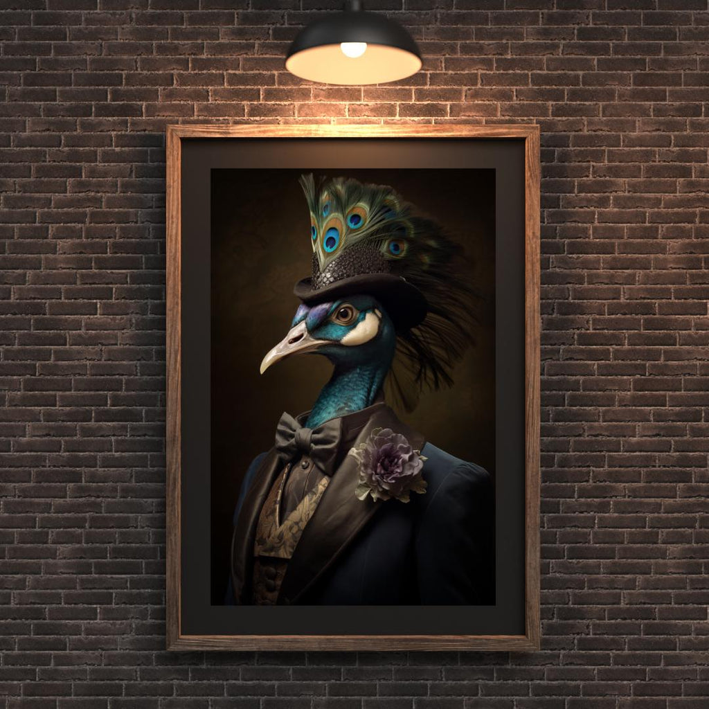 Peacock Portrait Print | Victorian Animal Art in Top Hat wall art print, modern home decor, unframed artwork by Nomad & Nest