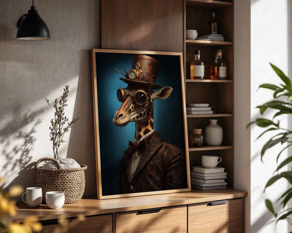 Steampunk Giraffe Wall Art | Brown Suit, Goggles & Clock Hat, Quirky Animal Portrait wall art print, modern home decor, unframed artwork by Nomad & Nest