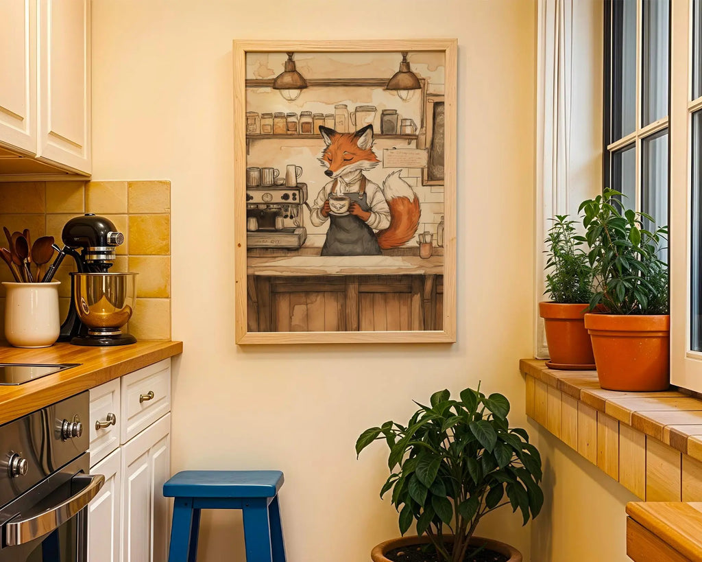 Fox Barista Kitchen Print | Whimsical Animal Wall Art wall art print, modern home decor, unframed artwork by Nomad & Nest