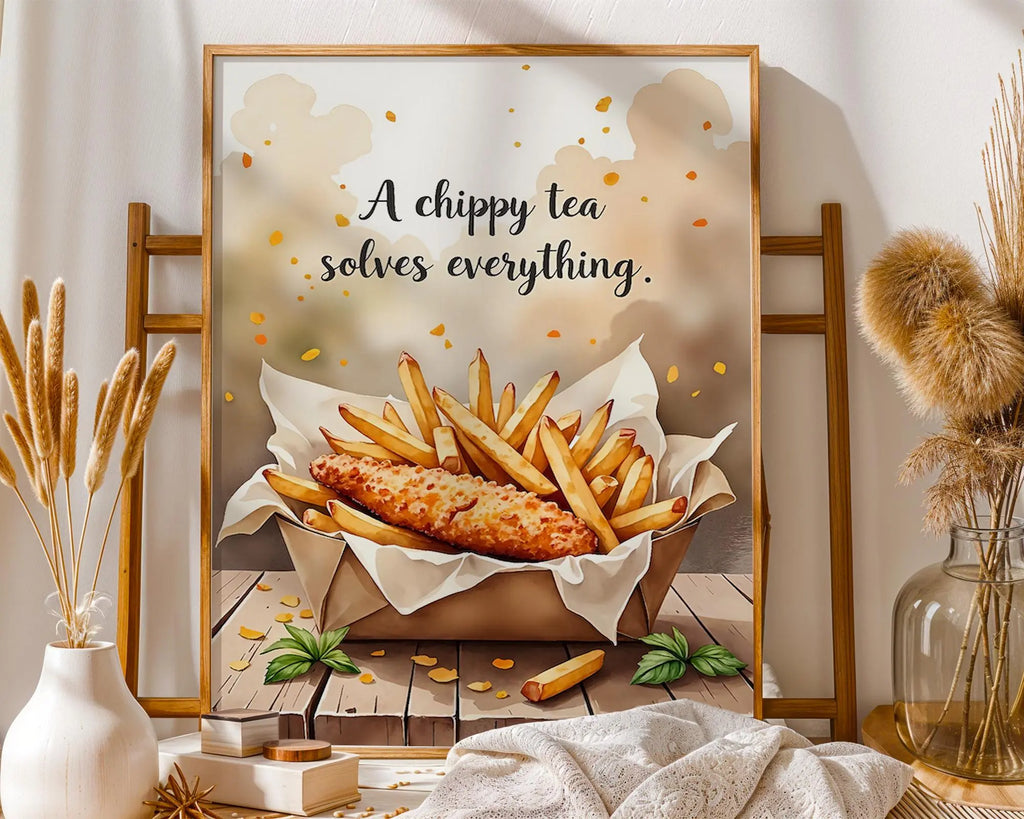Positive Emotion | A Chippy Tea Solves Everything | Food Quote Art | British Comfort Wall Print wall art print, modern home decor, unframed artwork by Nomad & Nest