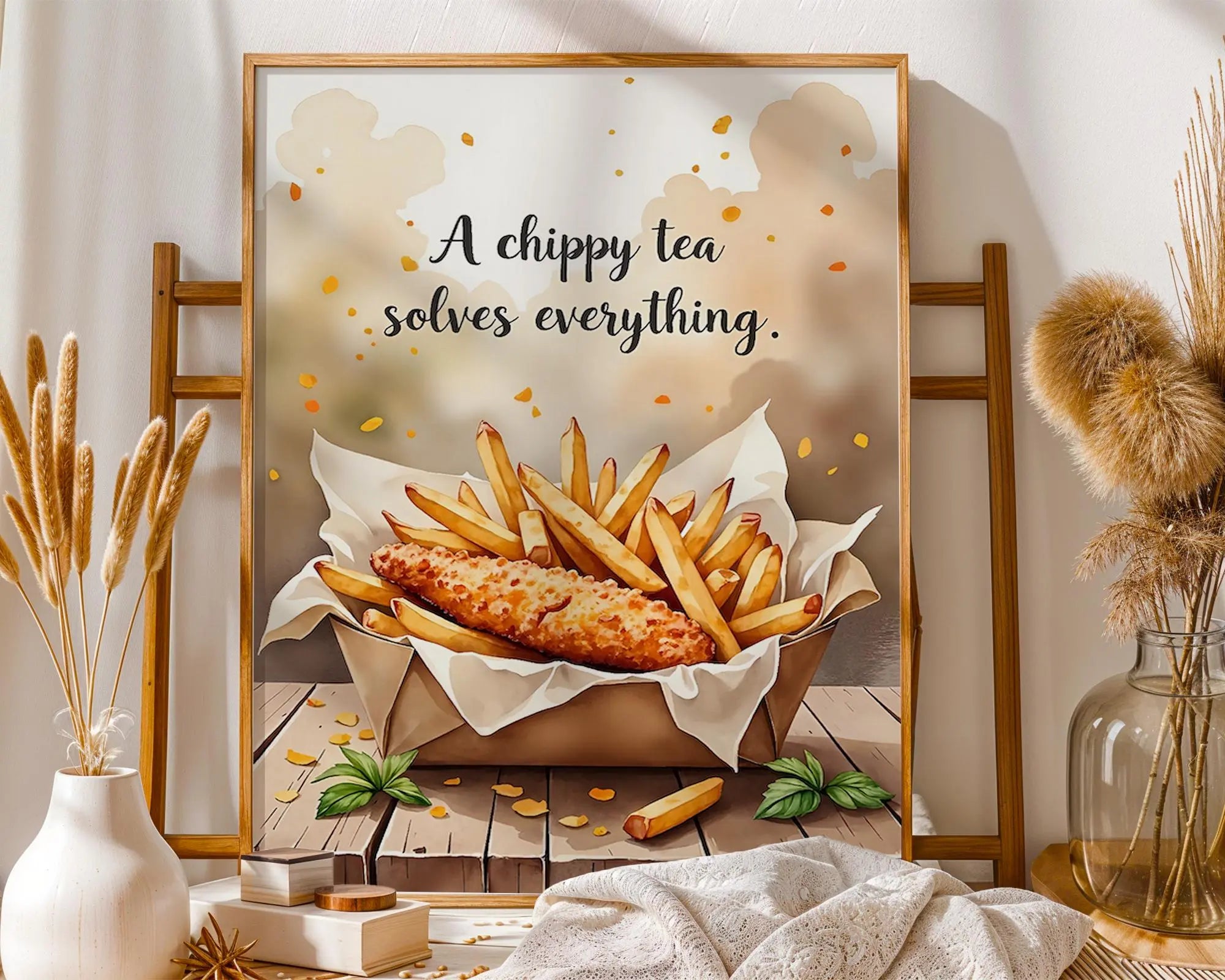 Positive Emotion | A Chippy Tea Solves Everything | Food Quote Art | British Comfort Wall Print wall art print, modern home decor, unframed artwork by Nomad & Nest
