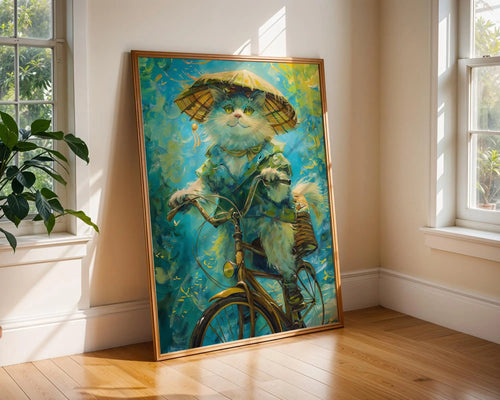 Cat on Bicycle Art Print | Oriental Feline Poster, Blue & Yellow wall art print, modern home decor, unframed artwork by Nomad & Nest