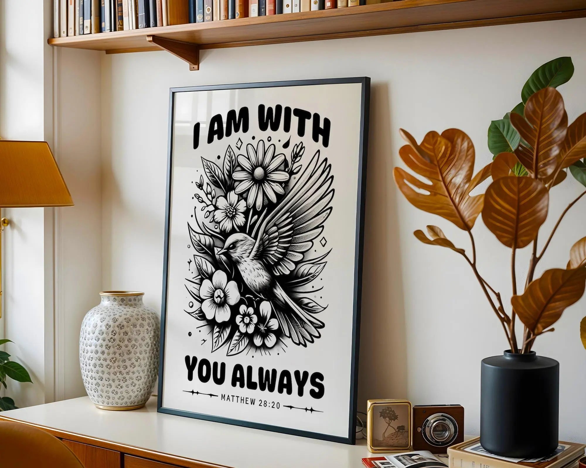 Matthew 28:20 Scripture Print | Bird and Flowers Christian Wall Art wall art print, modern home decor, unframed artwork by Nomad & Nest