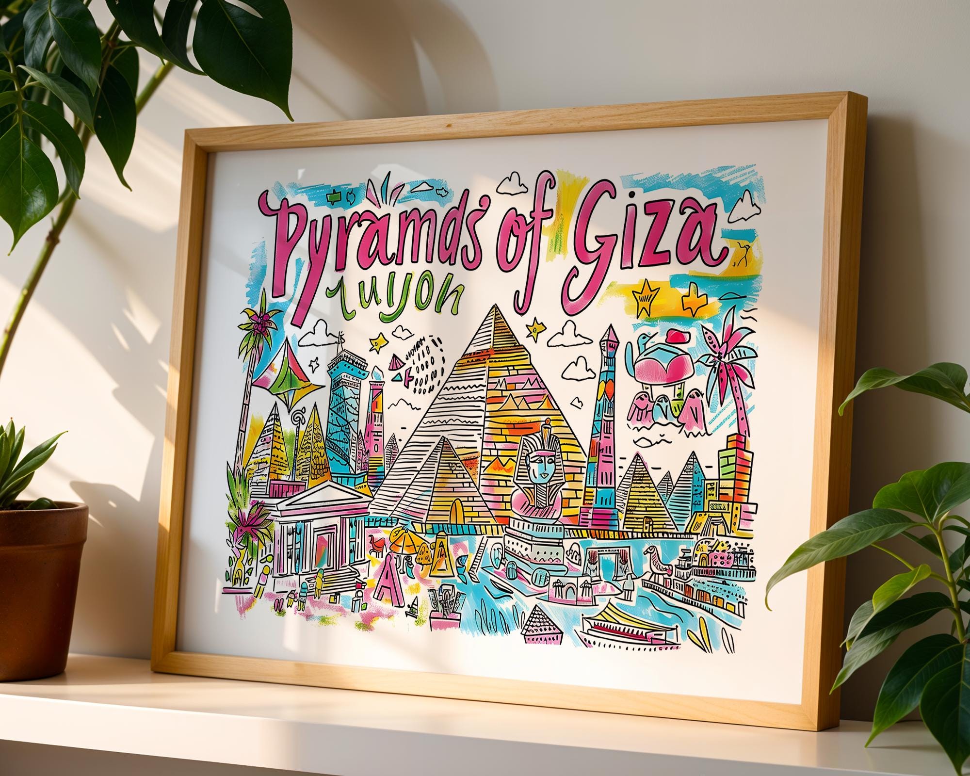 Pyramids of Giza Art Print | Colorful Egyptian Travel Poster wall art print, modern home decor, unframed artwork by Nomad & Nest