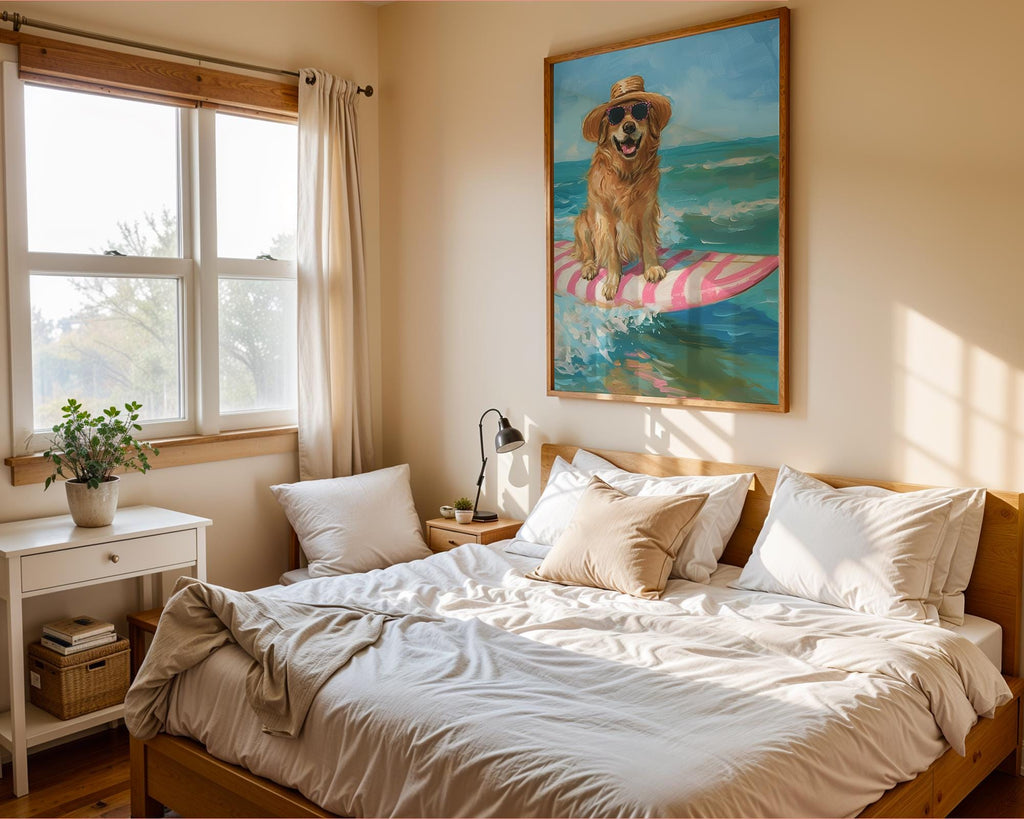 Colourful Prints | Surfer Golden Retriever Art Print | Beach House Coastal Decor wall art print, modern home decor, unframed artwork by Nomad & Nest