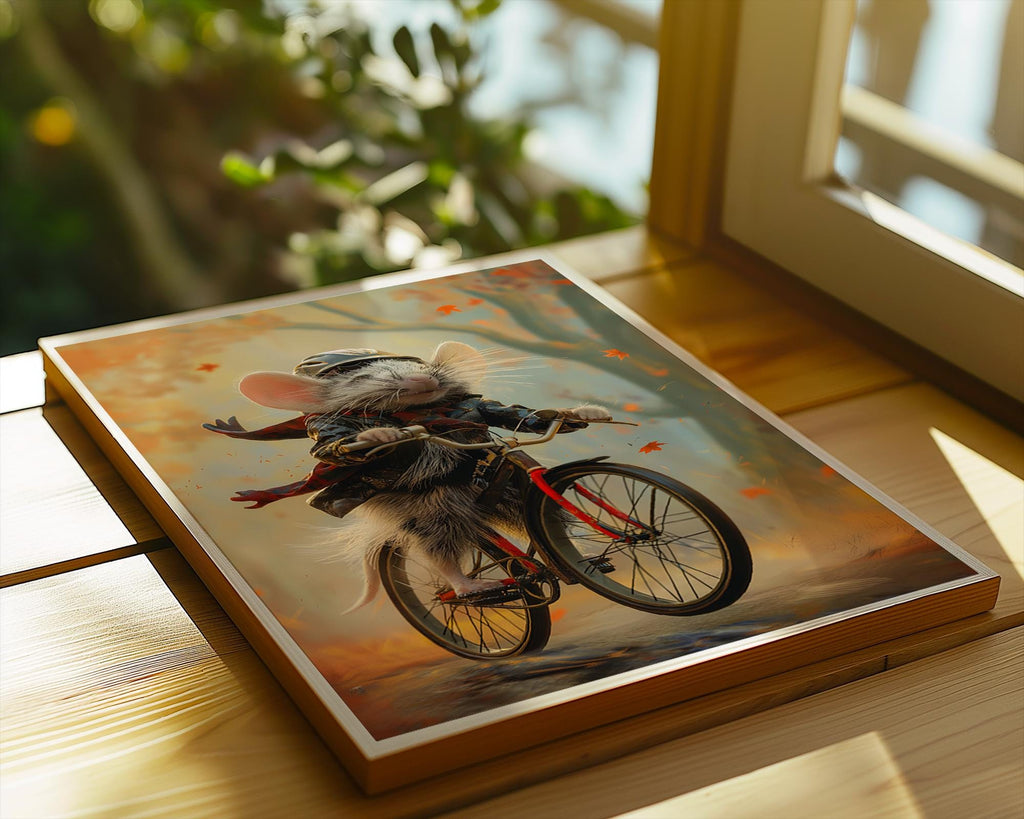 Autumn Mouse Bicycle Print | Whimsical Animal Art, Kids Room Decor wall art print, modern home decor, unframed artwork by Nomad & Nest