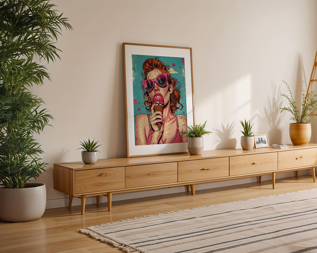 Modern Pop Art | Woman with Ice Cream Print | Retro Summer Illustration wall art print, modern home decor, unframed artwork by Nomad & Nest