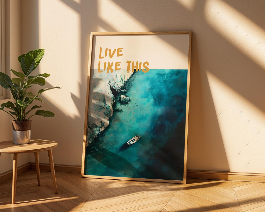 Colourful Prints | Aerial Boat Turquoise Ocean Art Print | Coastal Travel Poster wall art print, modern home decor, unframed artwork by Nomad & Nest