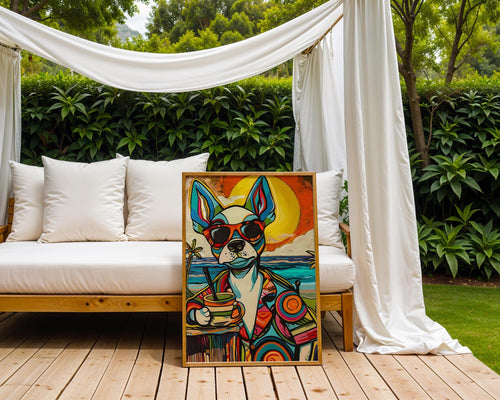 Boston Terrier Cocktail Art Print | Retro Summer Beach Poster wall art print, modern home decor, unframed artwork by Nomad & Nest