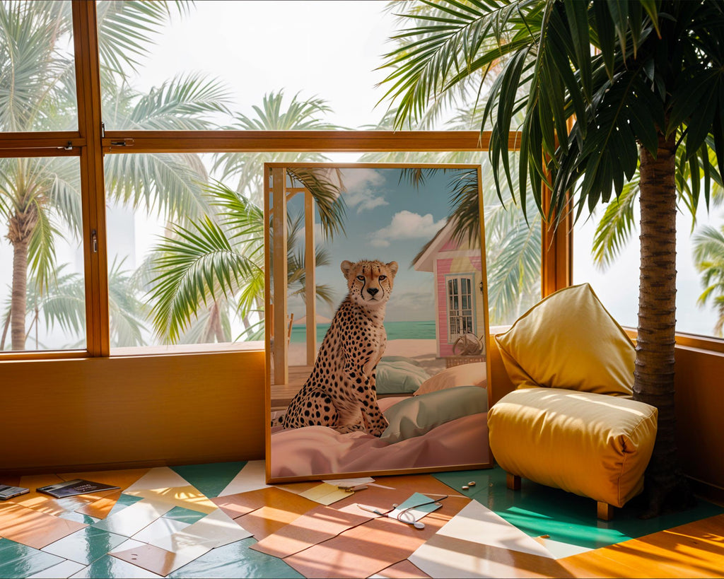 Colourful Prints | Cheetah Beach Print | Tropical Animal Coastal Wall Art wall art print, modern home decor, unframed artwork by Nomad & Nest