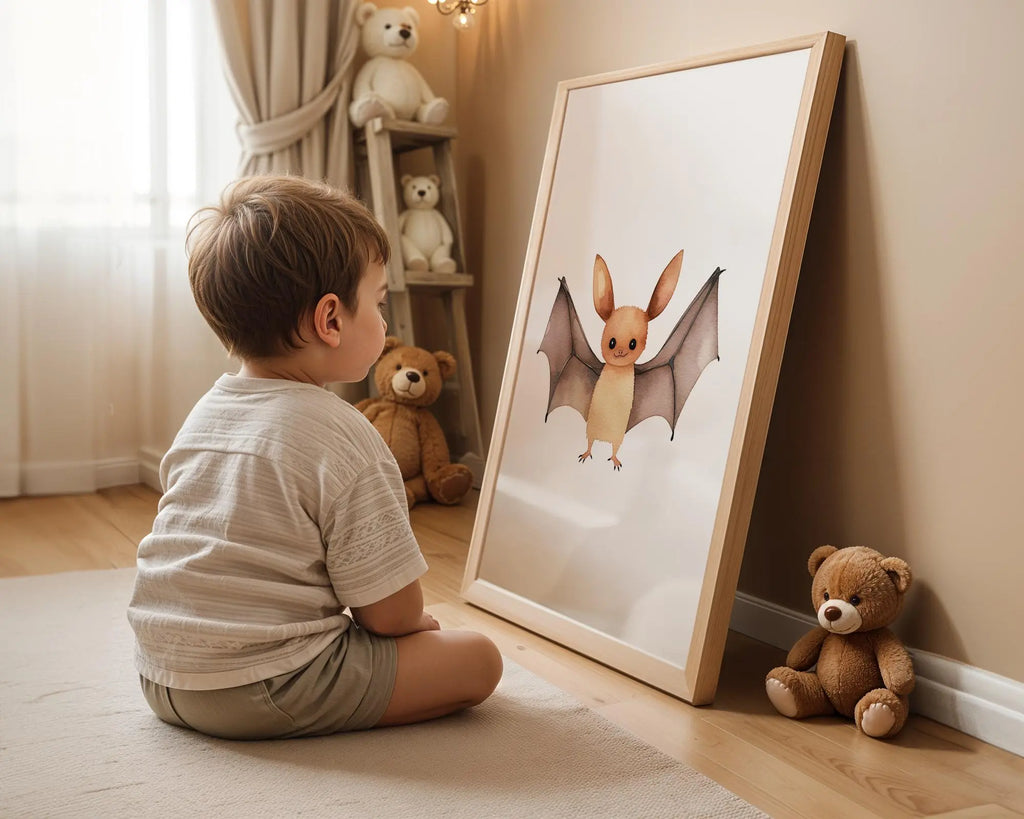 Playroom Ideas | Bat Nursery Wall Art | Woodland Animal Baby Illustration wall art print, modern home decor, unframed artwork by Nomad & Nest