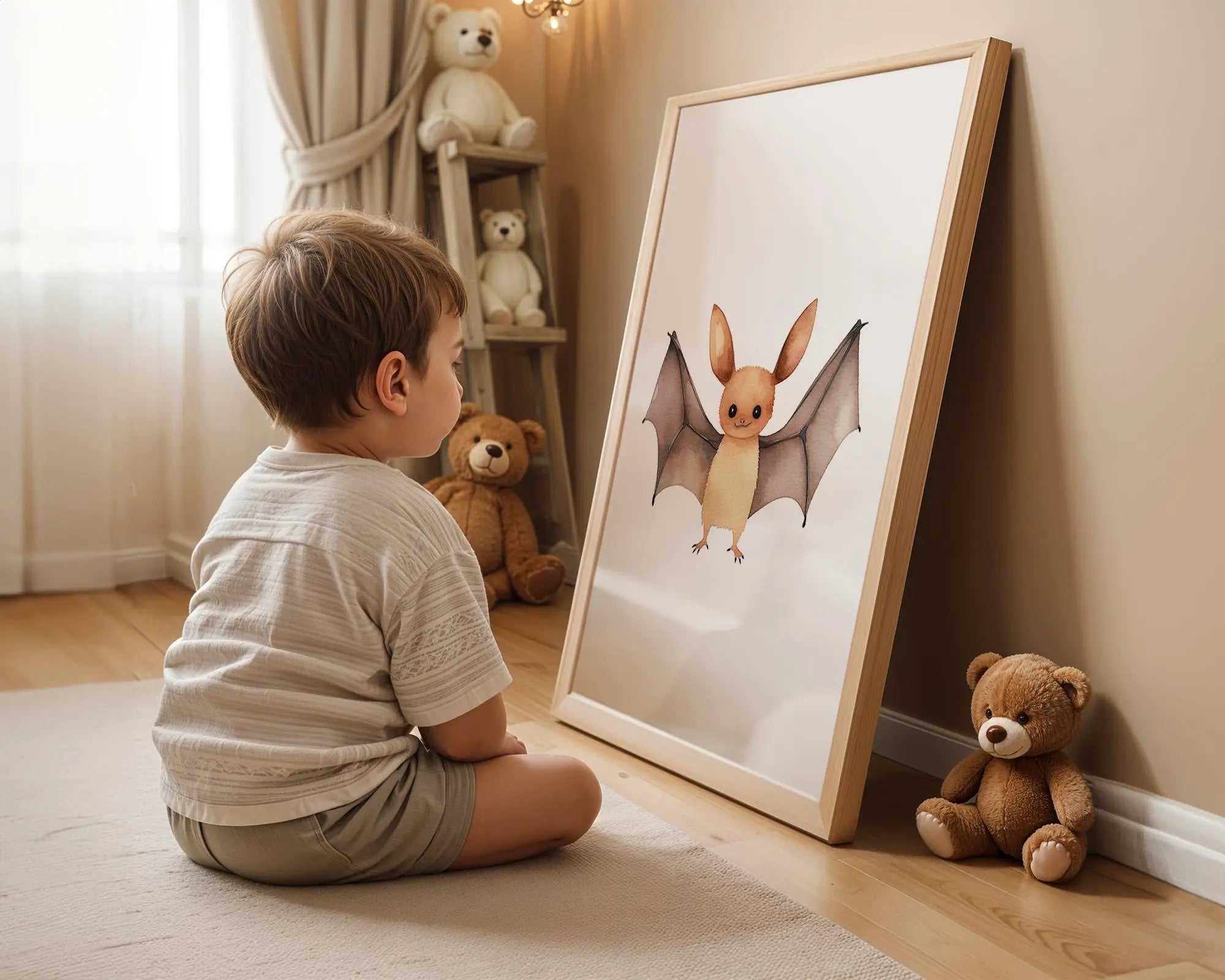 Playroom Ideas | Bat Nursery Wall Art | Woodland Animal Baby Illustration wall art print, modern home decor, unframed artwork by Nomad & Nest