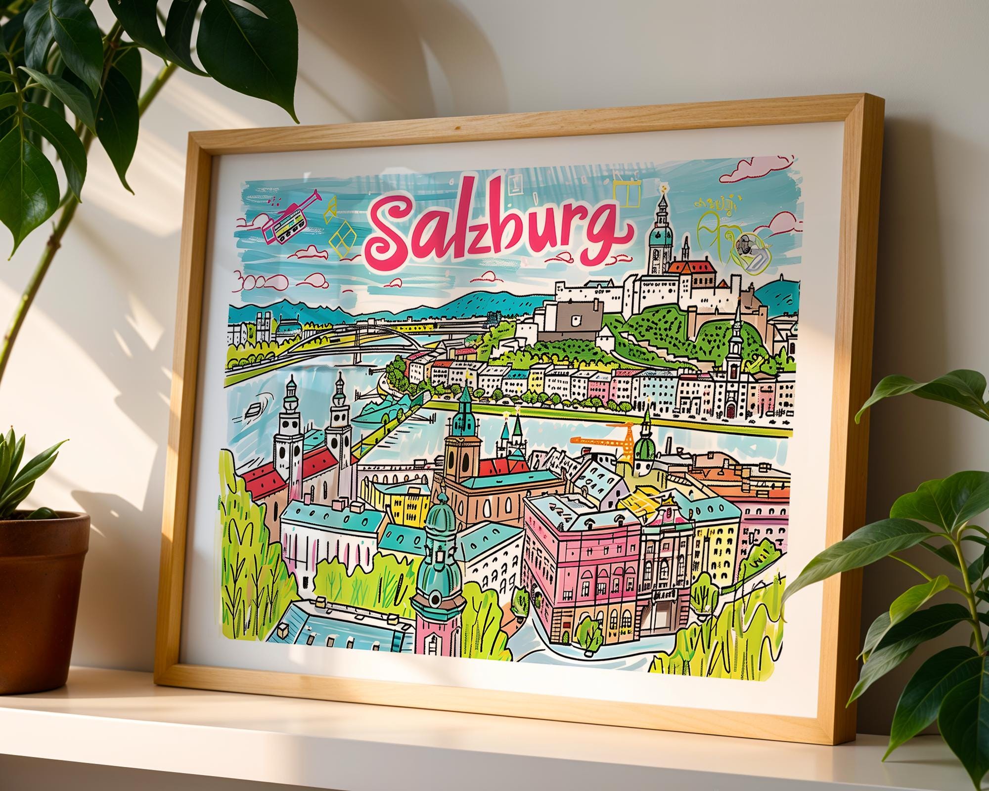 Salzburg Austria Travel Poster | Colorful European Cityscape Art Print wall art print, modern home decor, unframed artwork by Nomad & Nest