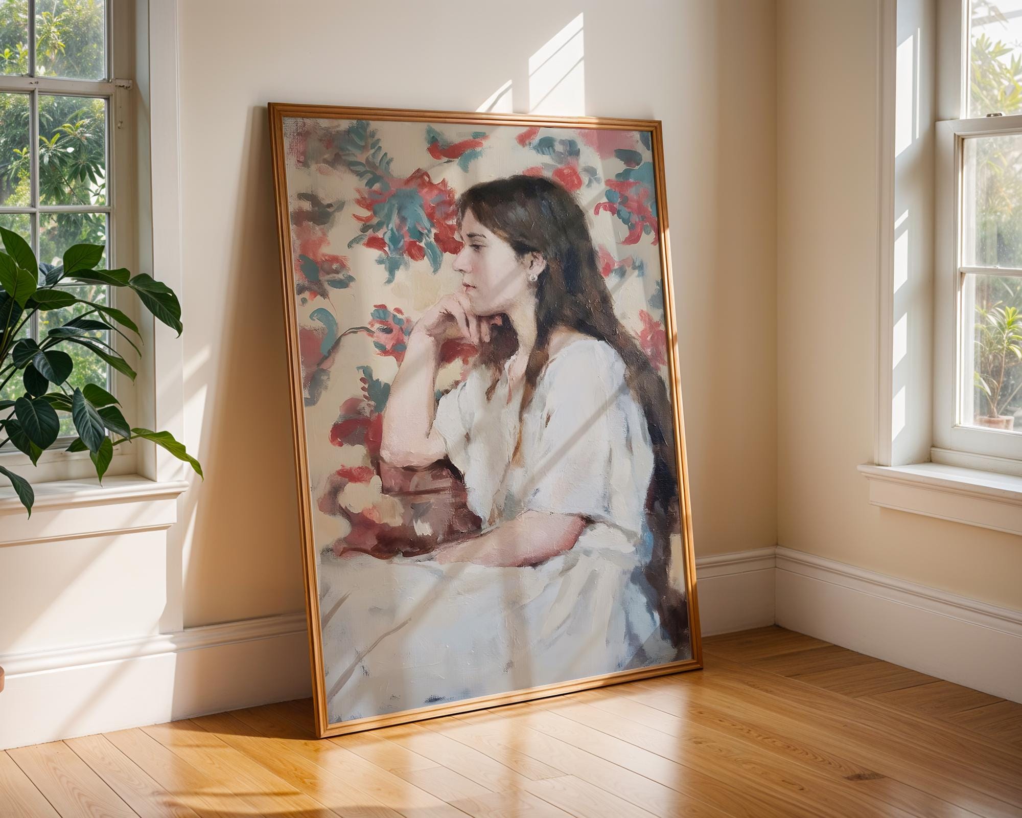 Elegant Woman Portrait Art Print | Vintage Floral Wall Decor wall art print, modern home decor, unframed artwork by Nomad & Nest