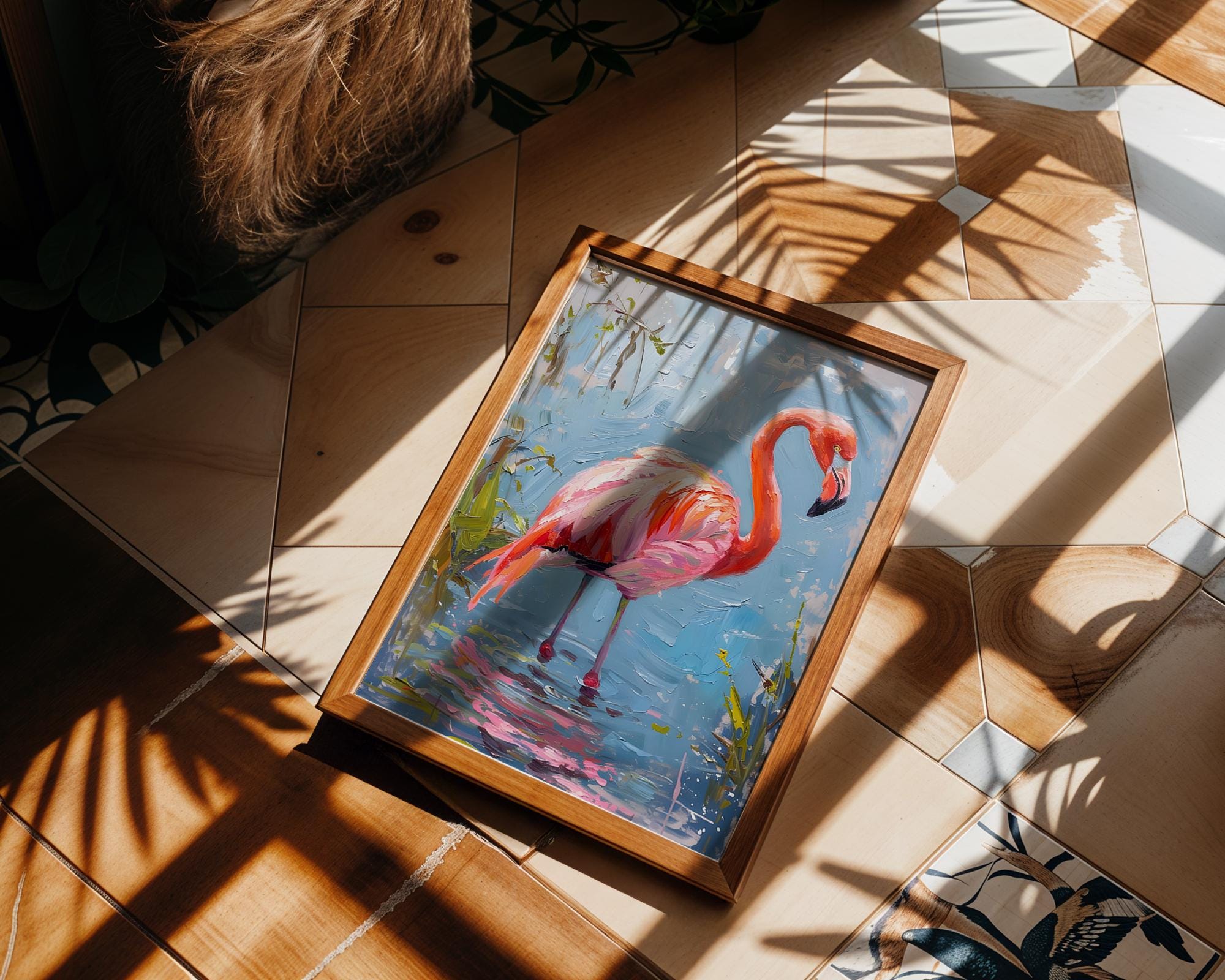 Modern Pop Art | Pink Flamingo Oil Painting | Tropical Bird Lake Scene Canvas Print wall art print, modern home decor, unframed artwork by Nomad & Nest