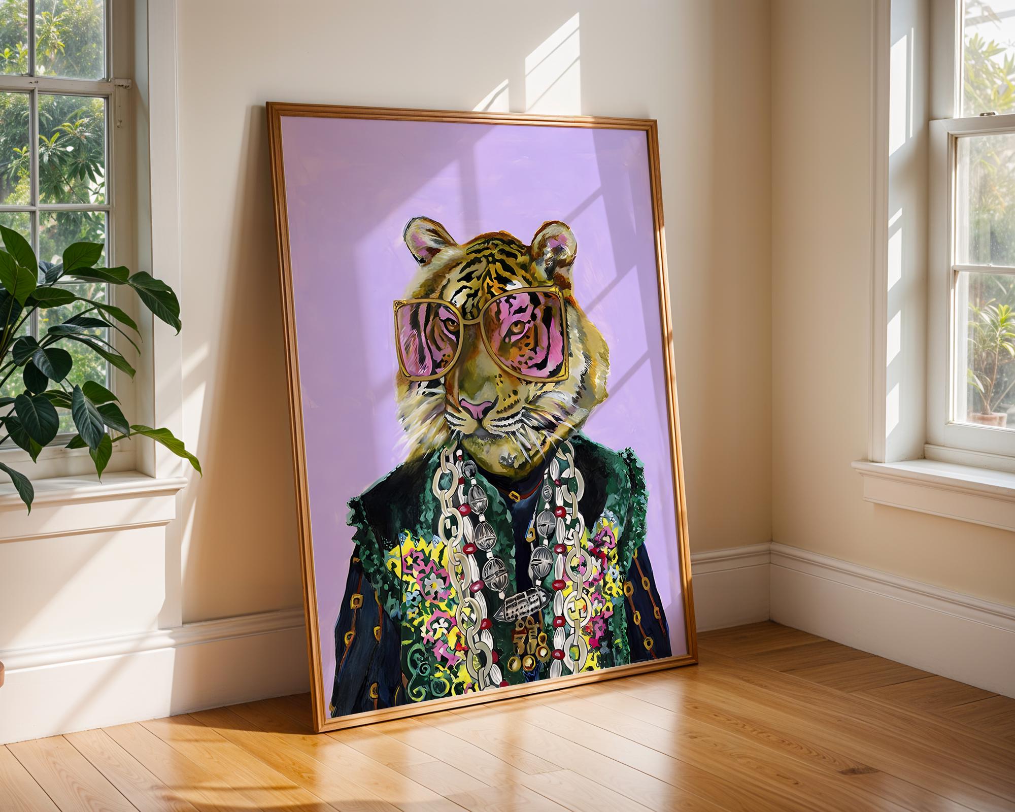 Tiger with Sunglasses Art Print | Colorful Maximalist Animal Poster wall art print, modern home decor, unframed artwork by Nomad & Nest