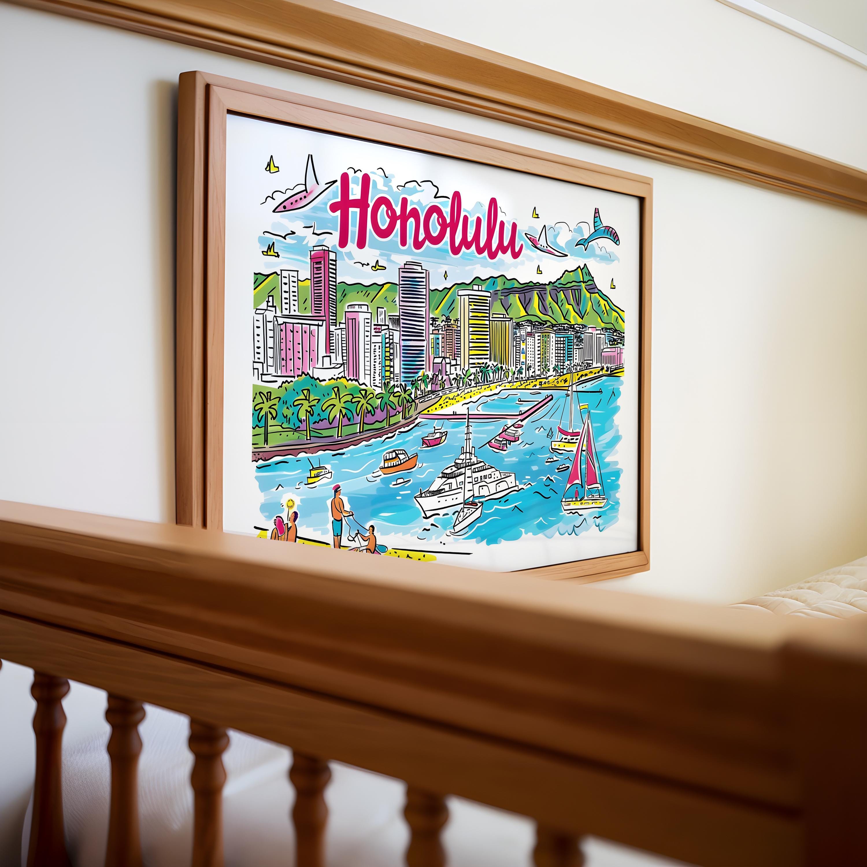 Honolulu Hawaii Art Print | Waikiki Beach Travel Poster wall art print, modern home decor, unframed artwork by Nomad & Nest