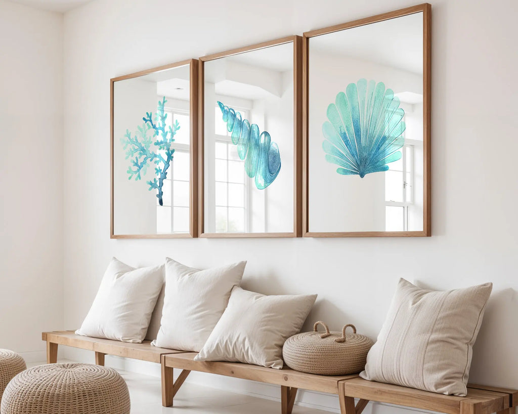 Colourful Prints | Aqua Coral & Shell Prints (Set of 3) wall art print, modern home decor, unframed artwork by Nomad & Nest