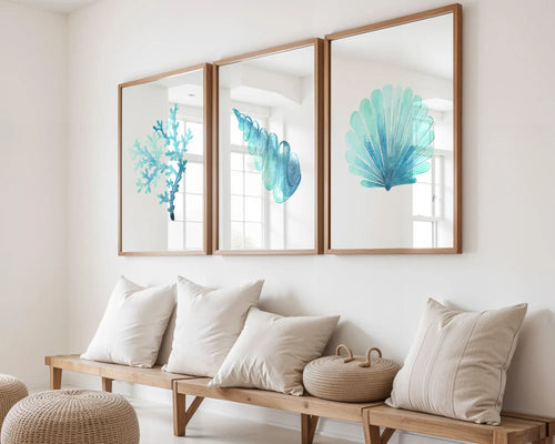 Colourful Prints | Aqua Coral & Shell Prints (Set of 3) wall art print, modern home decor, unframed artwork by Nomad & Nest