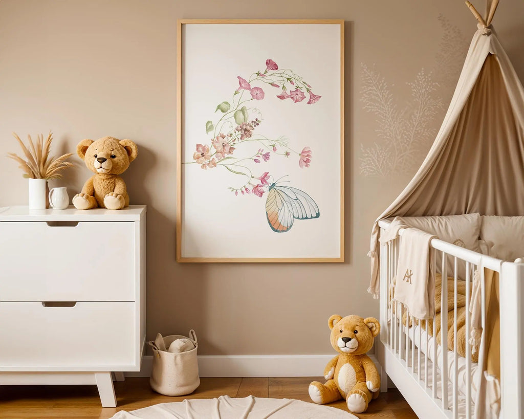 Playroom Ideas | Floral Butterfly Nursery Art – Soft Botanical Baby Print wall art print, modern home decor, unframed artwork by Nomad & Nest