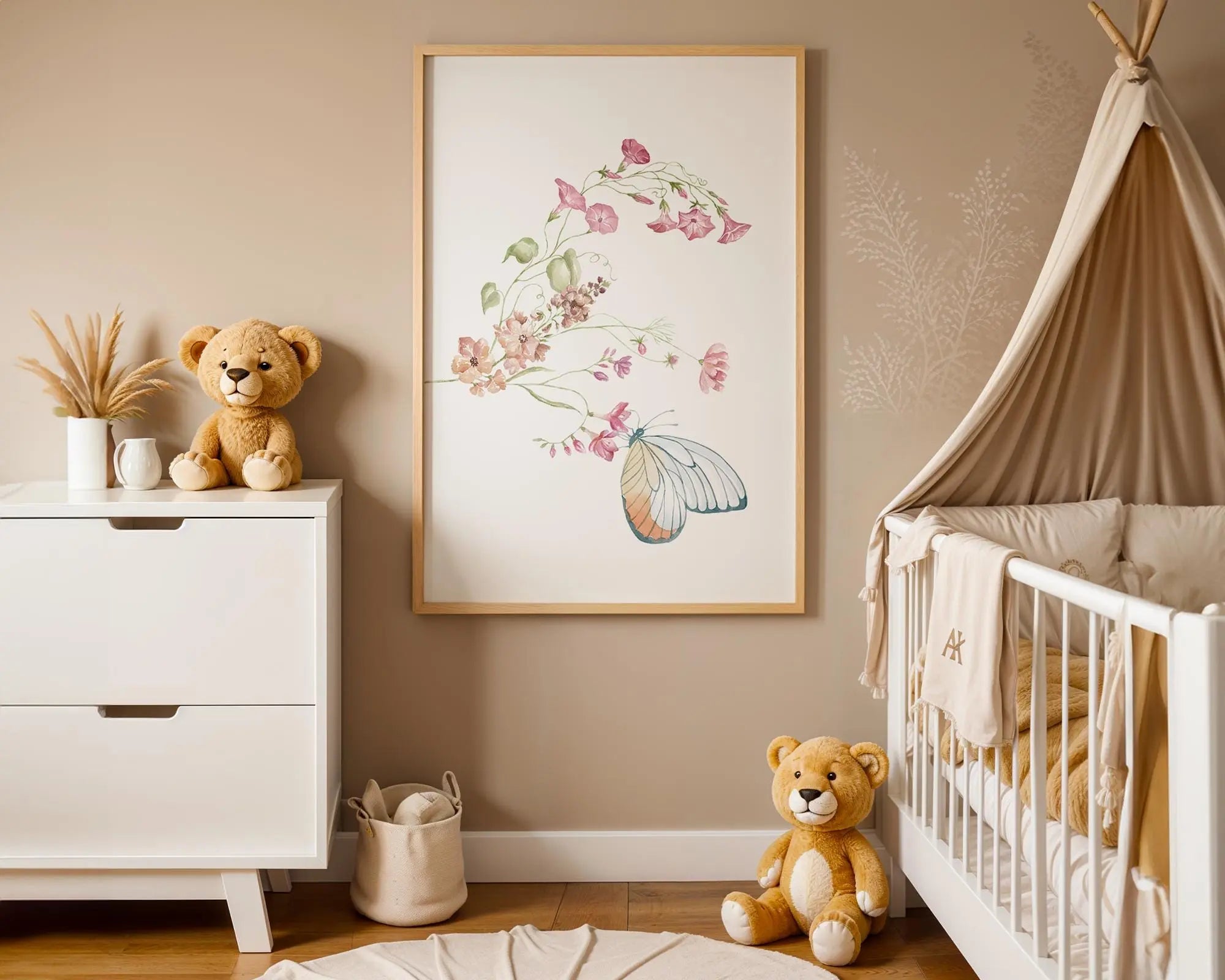 Playroom Ideas | Floral Butterfly Nursery Art – Soft Botanical Baby Print wall art print, modern home decor, unframed artwork by Nomad & Nest