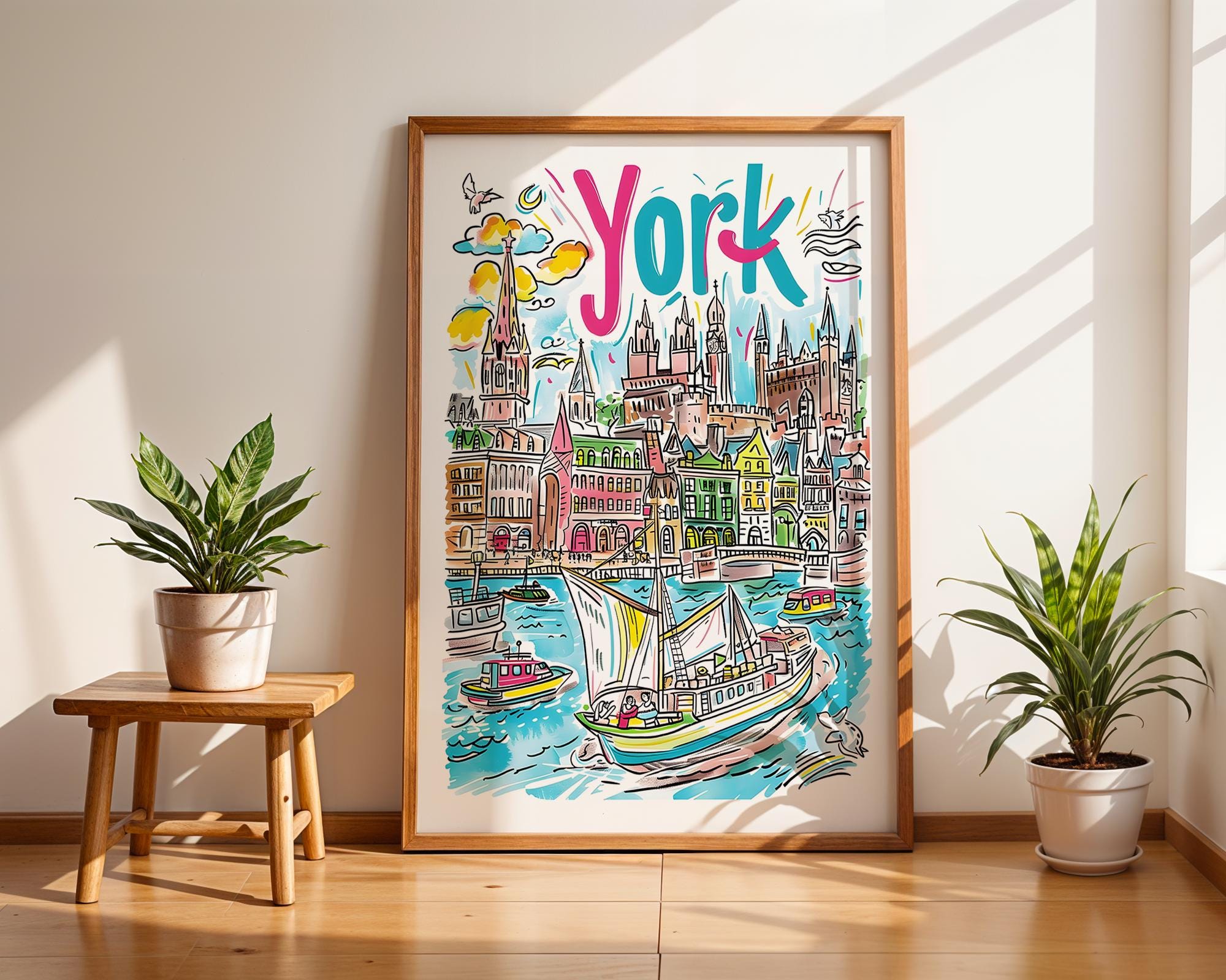 York England Cityscape Print | Colorful UK Travel Poster wall art print, modern home decor, unframed artwork by Nomad & Nest