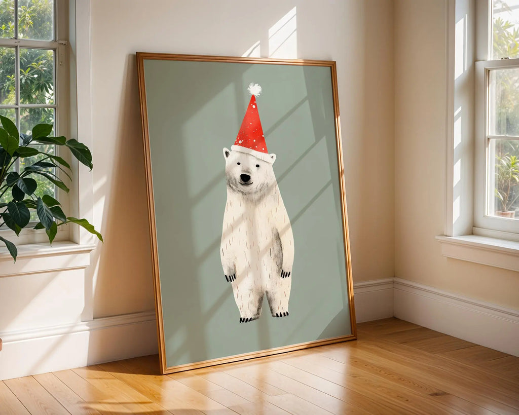 Polar Bear Christmas Print | Santa Hat, Winter Holiday Art wall art print, modern home decor, unframed artwork by Nomad & Nest