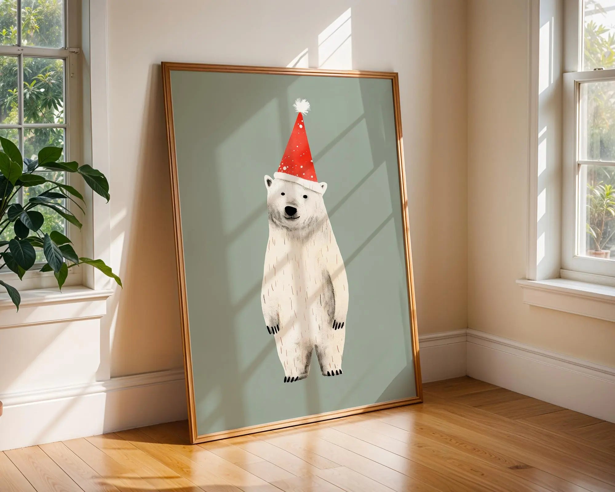 Polar Bear Christmas Print | Santa Hat, Winter Holiday Art wall art print, modern home decor, unframed artwork by Nomad & Nest