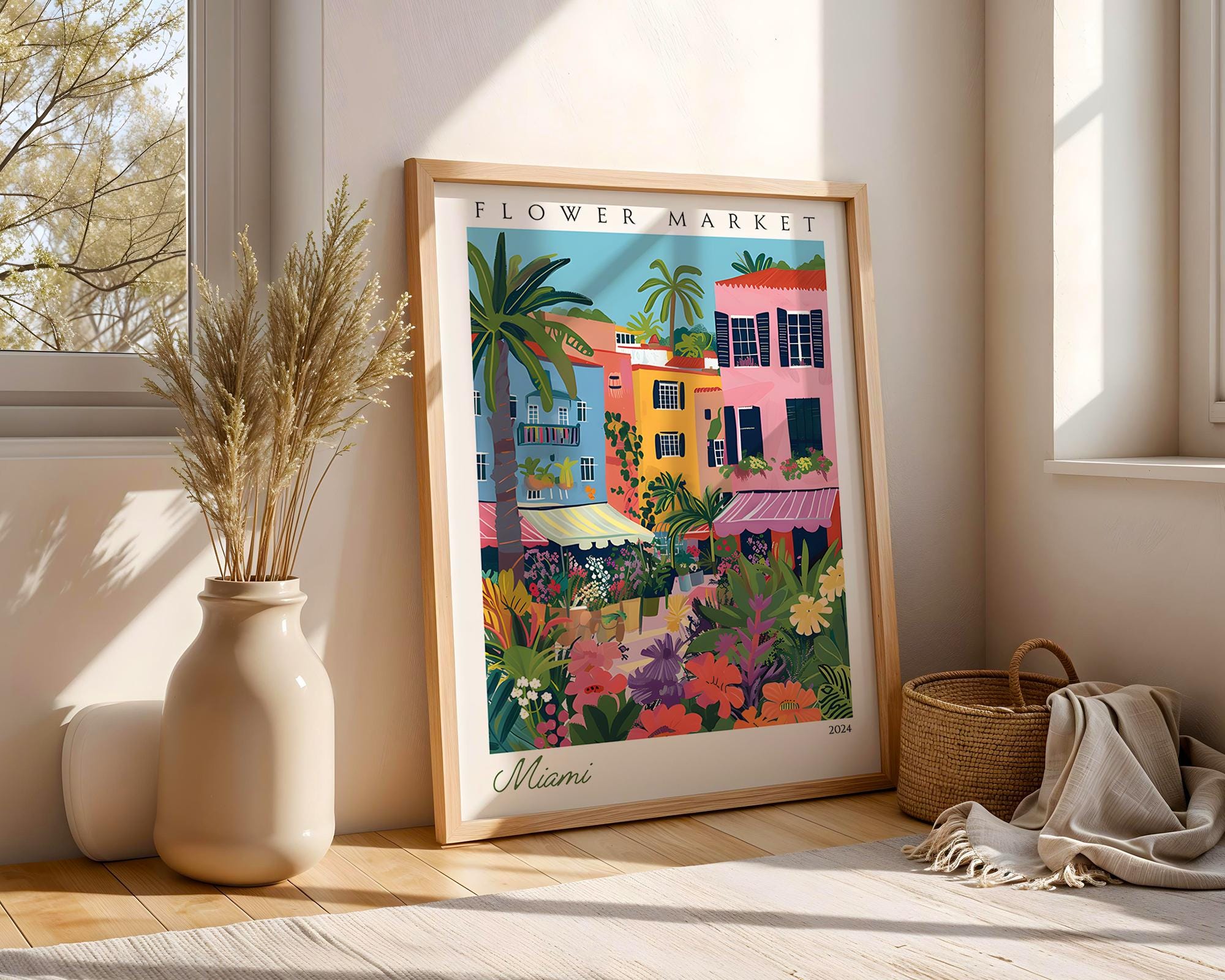 Miami Flower Market Art Print | Tropical Cityscape Travel Poster wall art print, modern home decor, unframed artwork by Nomad & Nest