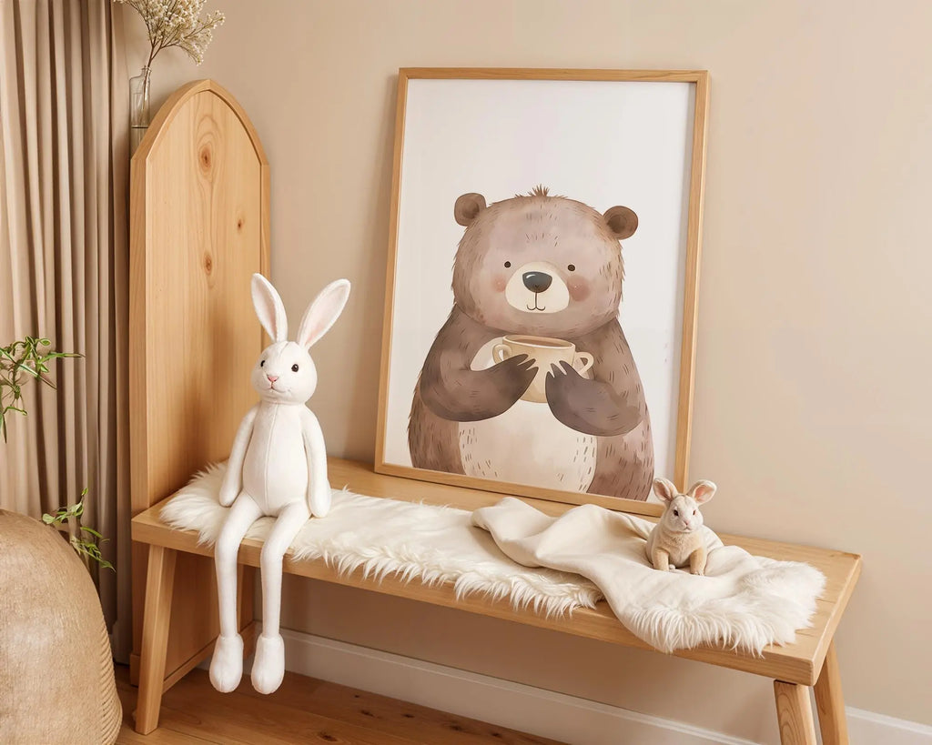 Playroom Ideas | Bear With Cup Nursery Wall Art | Cozy Woodland Baby Print wall art print, modern home decor, unframed artwork by Nomad & Nest