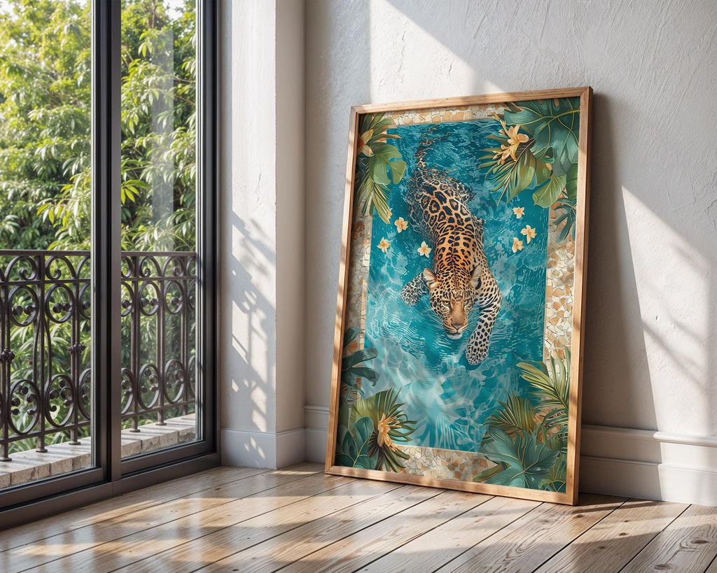 Colourful Prints | Leopard Swimming Pool Art Print | Tropical Jungle Decor wall art print, modern home decor, unframed artwork by Nomad & Nest