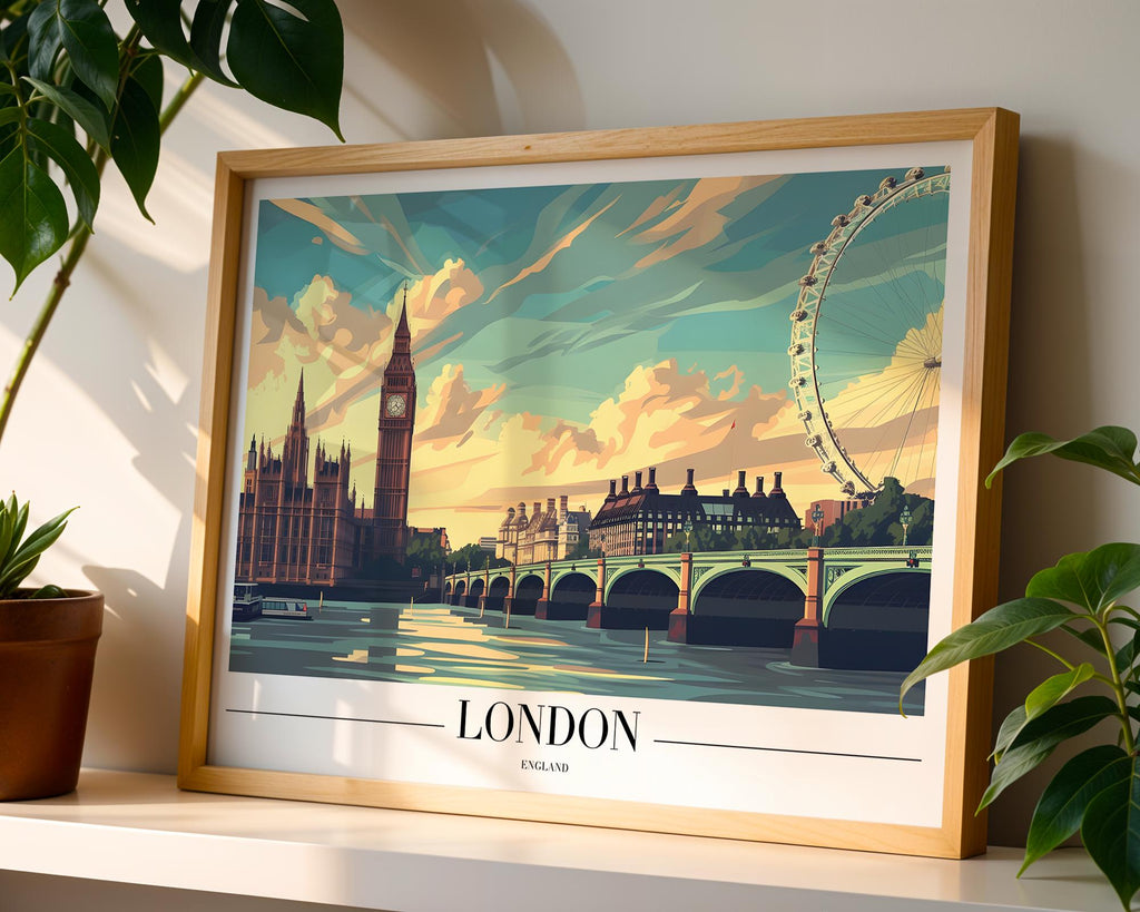 London Travel Poster | Big Ben, London Eye Art Print wall art print, modern home decor, unframed artwork by Nomad & Nest