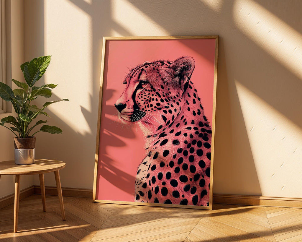 Colourful Prints | Pink Leopard Print | Graphic Jungle Cat on Coral wall art print, modern home decor, unframed artwork by Nomad & Nest
