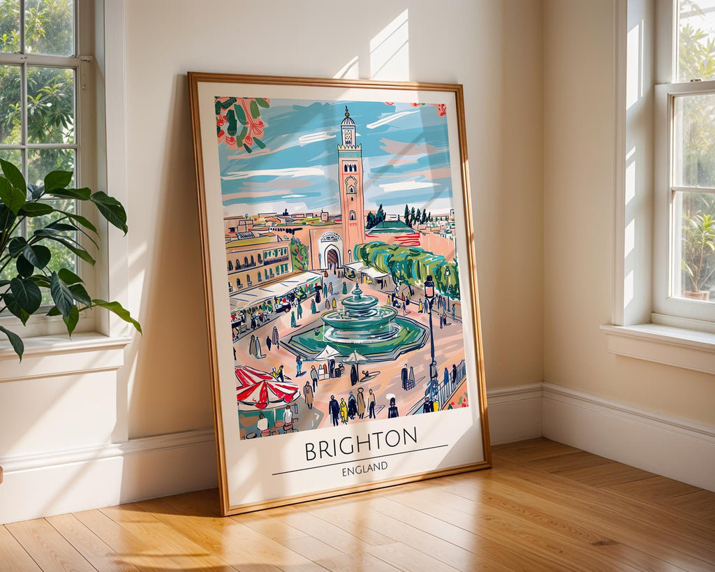 Brighton England Travel Poster | British Seaside Fountain Art Print wall art print, modern home decor, unframed artwork by Nomad & Nest