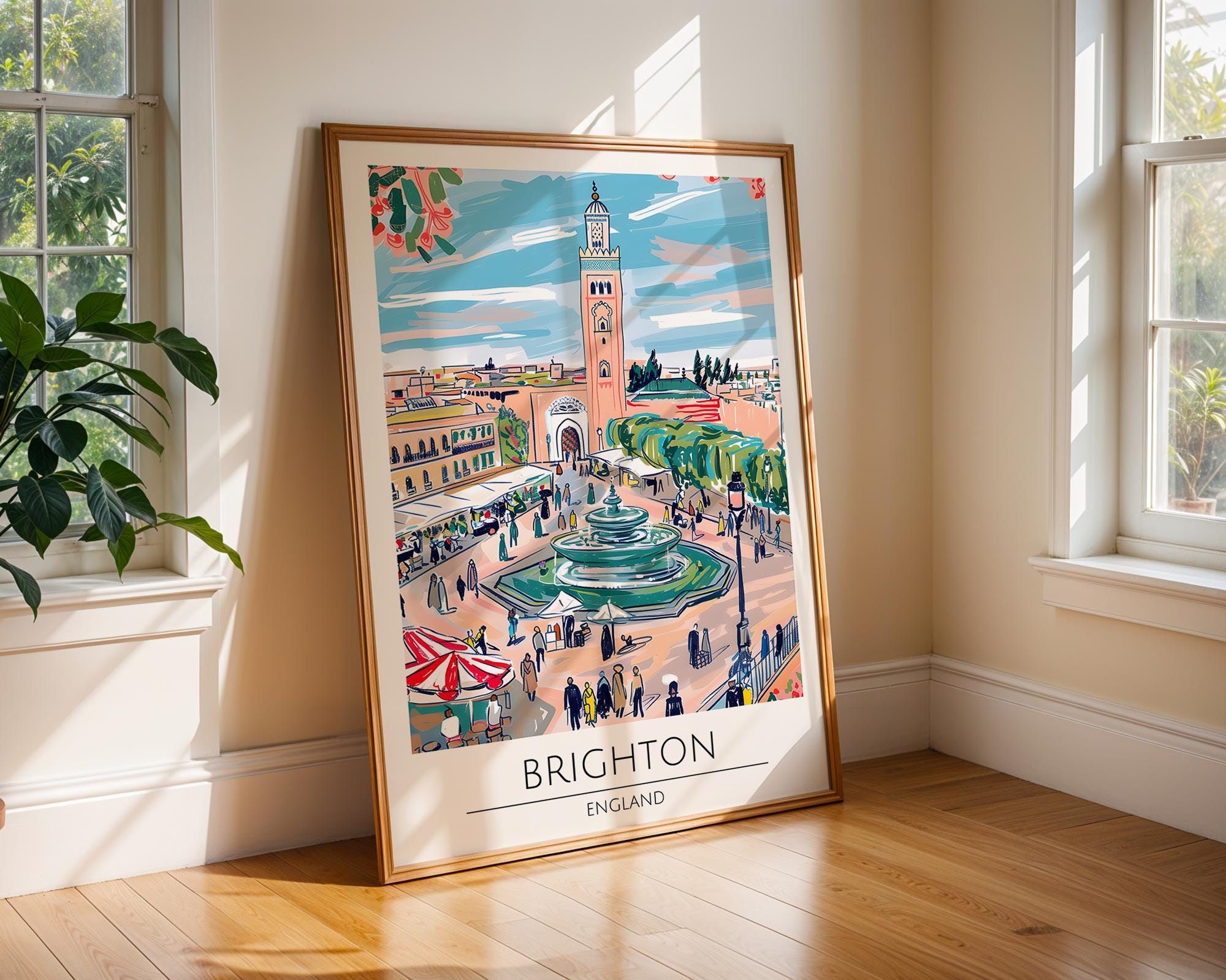 Brighton England Travel Poster | British Seaside Fountain Art Print wall art print, modern home decor, unframed artwork by Nomad & Nest